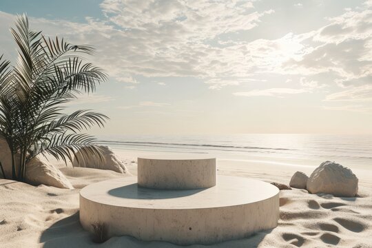 Summer beach setting with a podium on sand, ideal for showcasing products and exhibitions in a 3D render generative ai