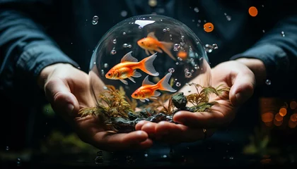 Fotobehang Child holding goldfish in fish tank underwater generated by AI © Jemastock