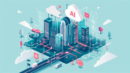 AI Technology with Urban Digital Landscape - obrazy, fototapety, plakaty
