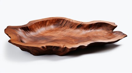 A unique wooden tray with a live edge, showing the natural shape of the tree, polished to perfection against a white background