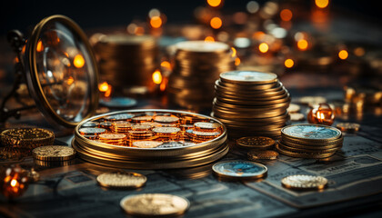 Stack of gold coins on dark wooden table generated by AI