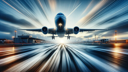 Airliner's Rapid Ascent Over Blurred Airport Scene - obrazy, fototapety, plakaty