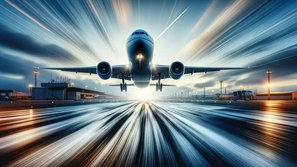 Fotobehang Airliner's Rapid Ascent Over Blurred Airport Scene © ANDREY PROFOTO