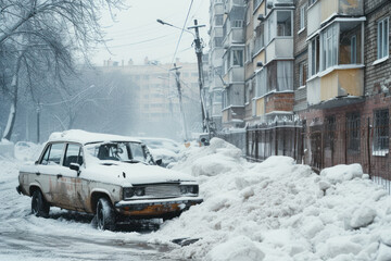 Overcast. Natural disasters winter, blizzard, heavy snow paralyzed city car roads, collapse. Snow covered cyclone