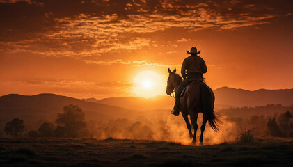 A lone cowboy and his trusty steed, silhouetted against the fiery orange hues of a desert sunset. - obrazy, fototapety, plakaty