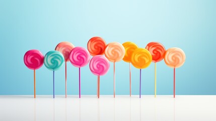  a row of lollipops sitting on top of each other on top of a white table next to a blue wall.