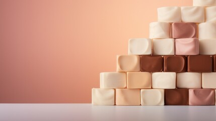  a stack of chocolate and marshmallows sitting on top of each other in front of a pink wall.