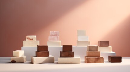  a group of cubes sitting on top of each other in front of a pink wall and a pink wall.