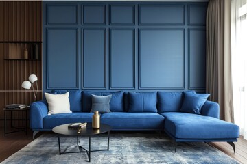 Blue sofa against a paneled wall defines a minimalist loft aesthetic in the modern living room, blending comfort and stylegenerative ai