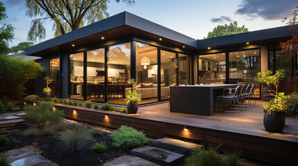 A garden with a Modern house extension renovation terrace design