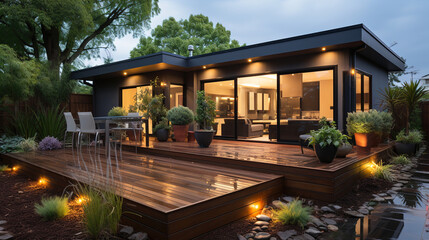 A garden with a Modern house extension renovation terrace design