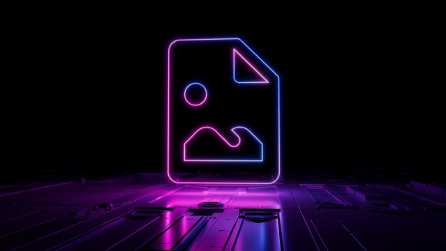 Pink and Blue Image Technology Concept with picture symbol as a neon light. Vibrant colored icon, on a black background with high tech floor. 3D Render