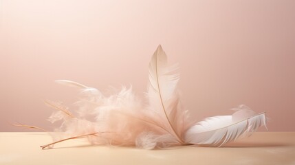  a close up of a white feather on a table with a pink wall in the background and a light pink wall in the background.