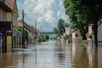 The street of a small town is flooded with water. Climate change and an increase in the number of weather disasters in the world 