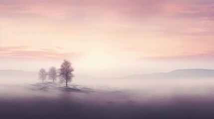  a foggy landscape with a lone tree in the foreground and a distant mountain range in the far distance.