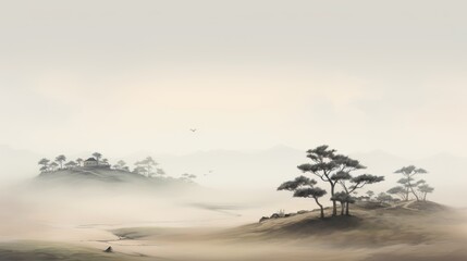 Fototapeta premium a painting of a foggy landscape with trees in the foreground and a bird flying over the top of a hill.