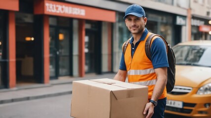 Delivery courier service. Delivery man in cap and uniform holding a cardboard box near a customer home.Delivery man delivering a package.Ai generative