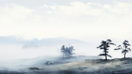  a painting of a foggy landscape with trees in the foreground and a distant mountain in the back ground.