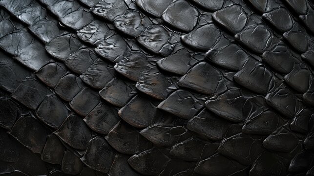 Close-up of black snake leather texture print background. Reptile skin backdrop for fashion, textile, print, banner