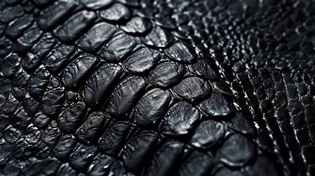 Close-up of black snake leather texture print background. Reptile skin backdrop for fashion, textile, print, banner