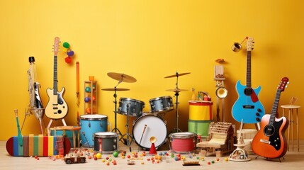  a group of guitars, drums, and other musical instruments sitting on a floor in front of a yellow wall.