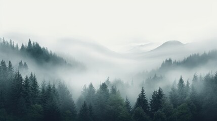  a forest filled with lots of green trees covered in a blanket of fog and smoggy skies with mountains in the distance. - obrazy, fototapety, plakaty
