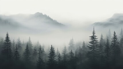  a black and white photo of a foggy forest with pine trees in the foreground and mountains in the background. - obrazy, fototapety, plakaty