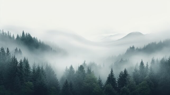  a forest filled with lots of green trees covered in a blanket of fog and smoggy skies with mountains in the distance. © Anna