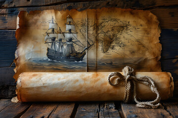 Viaje a través del tiempo: un mapa antiguo despliega rutas de navegación y leyendas marítimas. - obrazy, fototapety, plakaty