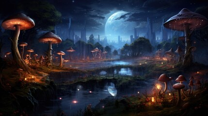  a painting of a night scene with mushrooms, a bridge, and a body of water with a full moon in the background.