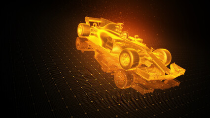 3D Wireframe Illustration of Formula One Car With Orange Theme Background