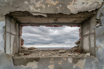 Collapsed roof concrete floor of abandoned building. Through hole in the ceiling overlooking the cloudy sky. Consequences of weather disasters