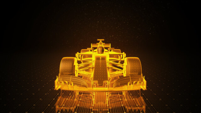 3D Wireframe Illustration of Formula One Car With Orange Theme Background
