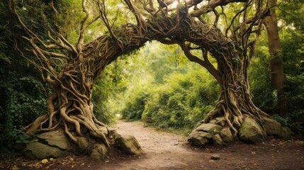 Naklejka premium a path in the middle of a forest with trees growing out of it's sides and rocks on either side of the path.