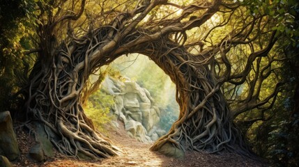 a painting of a tree tunnel in the middle of a forest with rocks and trees on either side of it.