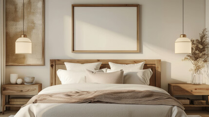 Fototapeta na wymiar Blank photo frame over a wooden bed, pastel-toned cozy bedroom with ambient lighting