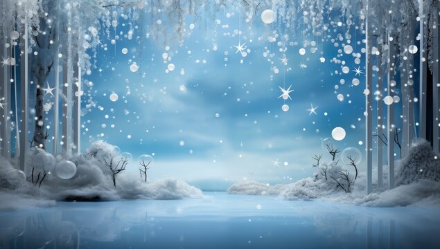 Blue Snowflakes Falling Down With A White Floor And Blue Sky