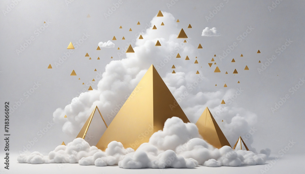 Poster abstract geometric background with white clouds and golden triangle, minimalistic wallpaper in 3d re