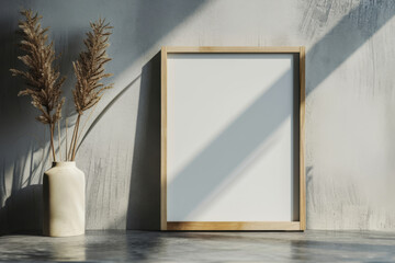 Blank photo frame prominently displayed on a gray wall. Soft natural lighting, minimalist decor, dried plants