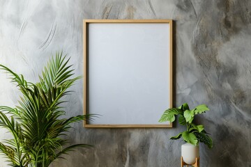 Blank wooden frame mockup on a textured gray wall with vibrant green plant leaves in the foreground and soft shadows