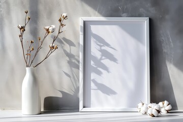 Blank photo frame mockup on a gray wall. Soft natural lighting, minimalist decor, white cotton flowers
