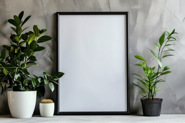 Blank photo frame mockup on a gray wall with light and shadows. Soft natural lighting, minimalist decor, green house plants