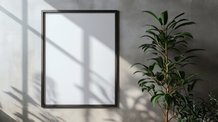 Blank photo frame mockup on a gray wall with light and shadows. Soft natural lighting, minimalist decor, green house plants