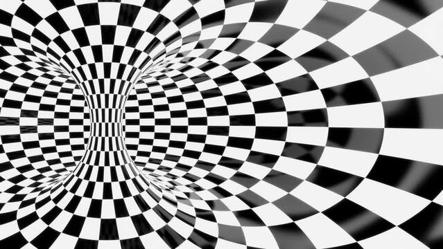 psychedelic abstract black and white checkered animated background, hypnotic optical illusion, 4k seamless loop backdrop