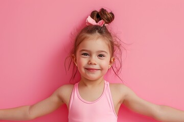 A cute little girl in a leotard, bringing charm and energy to her workout against a cheerful pink background, leaving room for your text generative ai