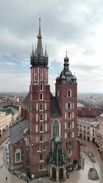 Aerial view krakow St. Mary's Basilica old town market square