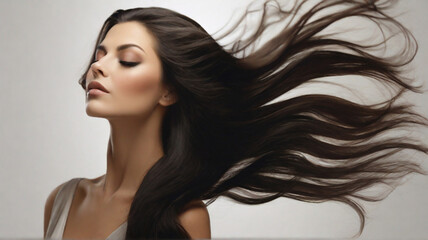 Fototapeta premium Portrait of young beautiful woman with gorgeous healthy brown long hair