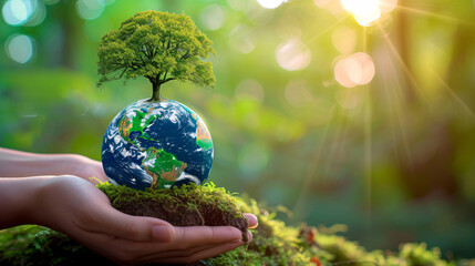 Human hand gently cradling a lush green miniature Earth adorned with a single tree, symbolizing ESG, CO2 reduction, and the quest for net zero - obrazy, fototapety, plakaty