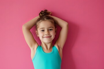 Obraz na płótnie Canvas A cute little girl in a leotard, bringing charm and energy to her workout against a cheerful pink background, leaving room for your text generative ai