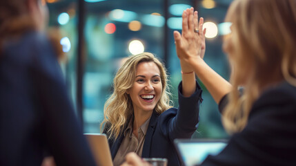 Businesswoman giving a high five to the colleague in meeting room celebrating success. Happy confident business people high-five. Job well done.  - obrazy, fototapety, plakaty
